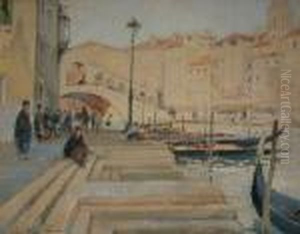 Quai Au Rialto, A Venise. Oil Painting by Paul Emile Lecomte