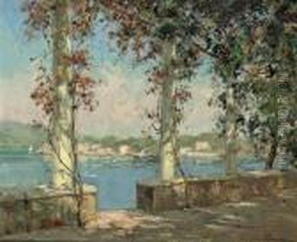 A Sunlit Terrace With A Lake Beyond Oil Painting by Paul Emile Lecomte