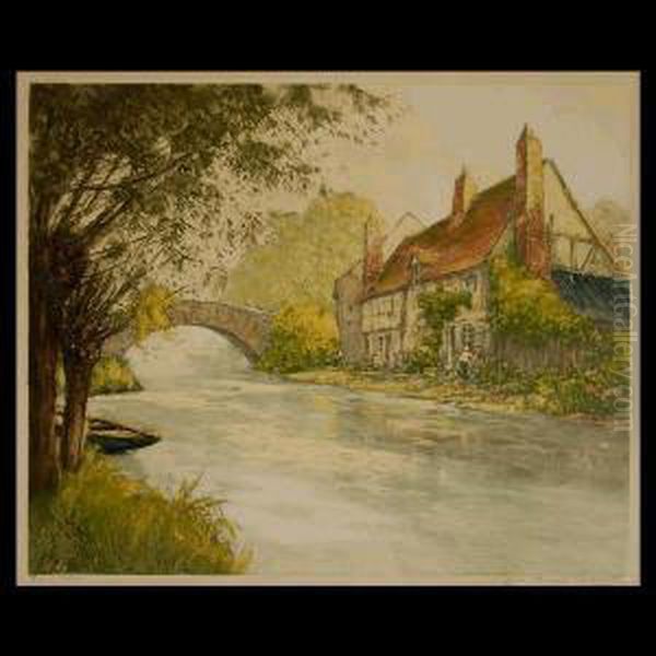 A Cottage Along A River. Oil Painting by Paul Emile Lecomte