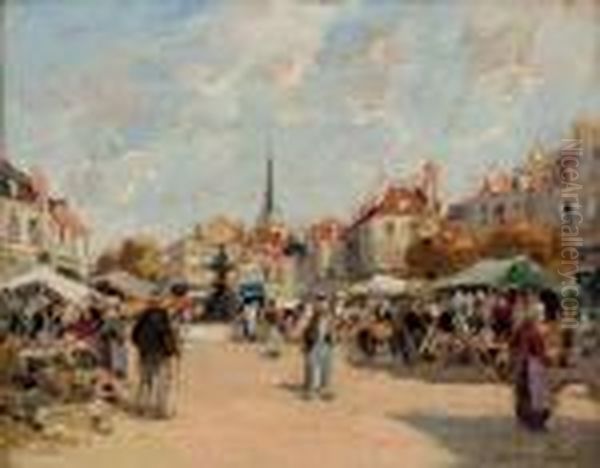 Marche De La Place Saint Jean A Melun Oil Painting by Paul Emile Lecomte