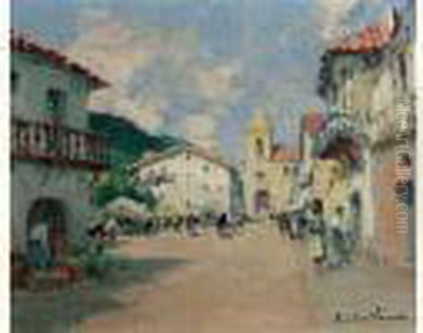 Rue Animee Dans Un Village Basque Oil Painting by Paul Emile Lecomte