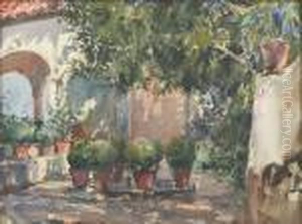 Vue D'un Patio Arboree Avec Un Portique Au Fond A Gauche Oil Painting by Paul Emile Lecomte