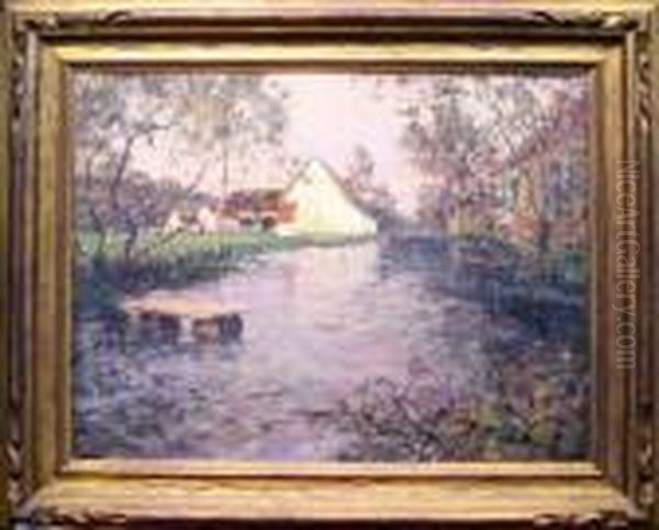 Farm Along River Oil Painting by Paul Emile Lecomte