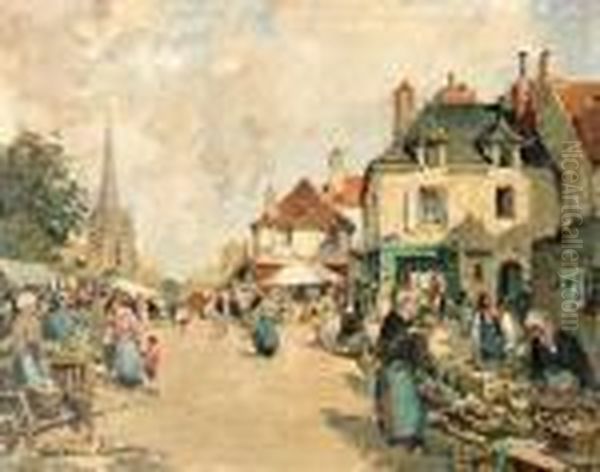 A Street Market Oil Painting by Paul Emile Lecomte