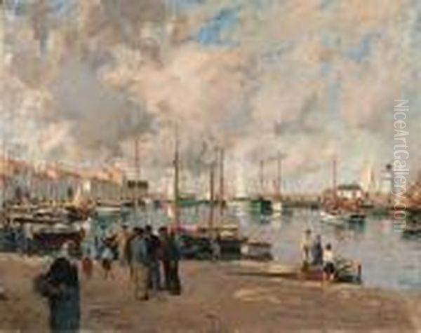 A Village Harbor Oil Painting by Paul Emile Lecomte