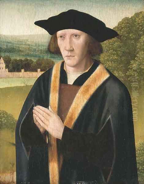 Portrait of a donor, half-length, in a fur trimmed robe, in a landscape Oil Painting by Jan Provost