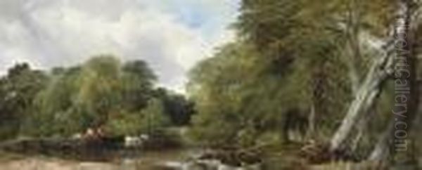 A Woody River Scene Oil Painting by Frederick Richard Lee