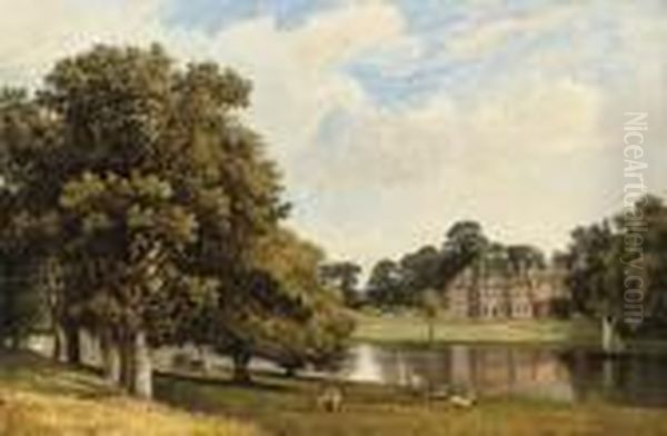 Grazing Deer Before Chilston Park, Kent Oil Painting by Frederick Richard Lee