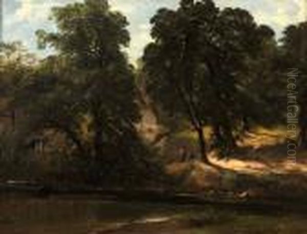 Two Figures On A River Bank By A Cottage Oil Painting by Frederick Richard Lee