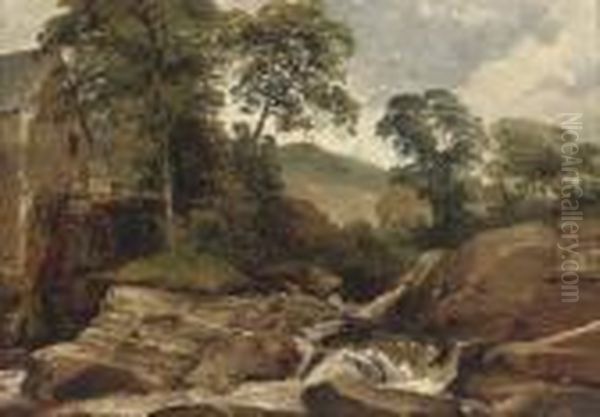 River Landscape With An Overshot Mill Oil Painting by Frederick Richard Lee