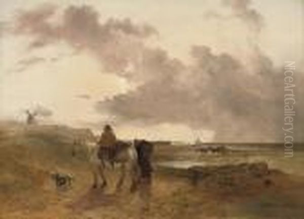 Figures And Horses On A Beach Oil Painting by Frederick Richard Lee