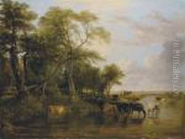 A Woody River Scene, With Cows Watering Oil Painting by Frederick Richard Lee