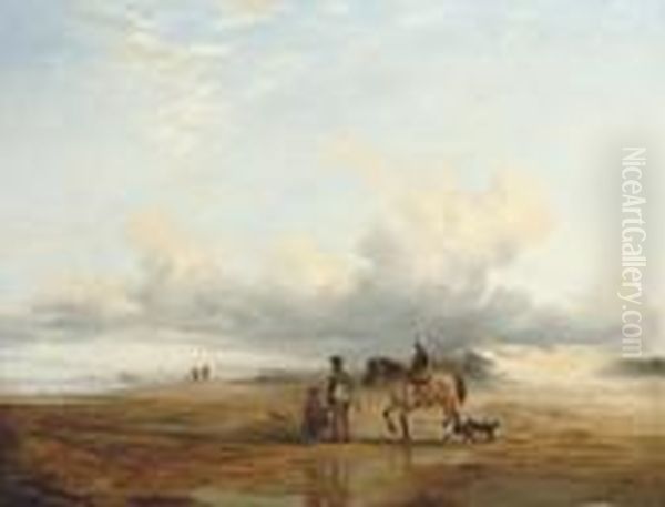 A Distant View Of Dunbar Castle - Sportsmen Returning With The Day's Bag Oil Painting by Frederick Richard Lee