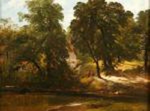 Panel Twofigures On A Riverbank By A Cottage Oil Painting by Frederick Richard Lee