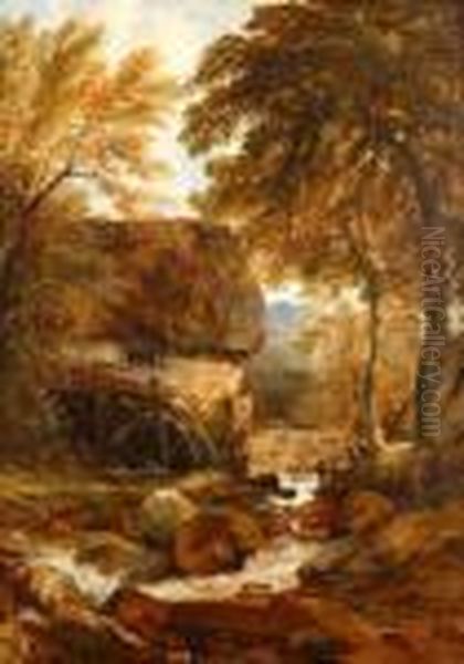 Scene With Watermill And Figures On A Bridge Indistance Oil Painting by Frederick Richard Lee