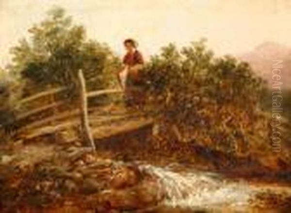 Young Woman Crossing A Bridge Over A Stream Oil Painting by Frederick Richard Lee