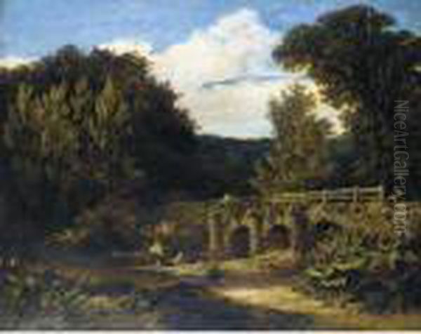 Men Fishing In A River Landscape By A Bridge Oil Painting by Frederick Richard Lee