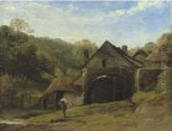 An Overshot Mill In A Wooded Landscape With A Figure In Theforeground Oil Painting by Frederick Richard Lee