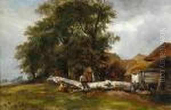 Resting On A Fallen Tree By The Farmyard Oil Painting by Frederick Richard Lee