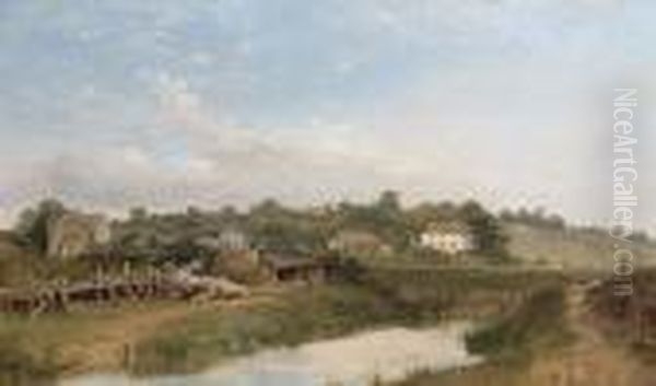 A River Landscape Oil Painting by Frederick Richard Lee