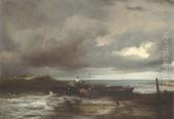 An Estuary Scene With Figures Unloading A Ferry Oil Painting by Frederick Richard Lee