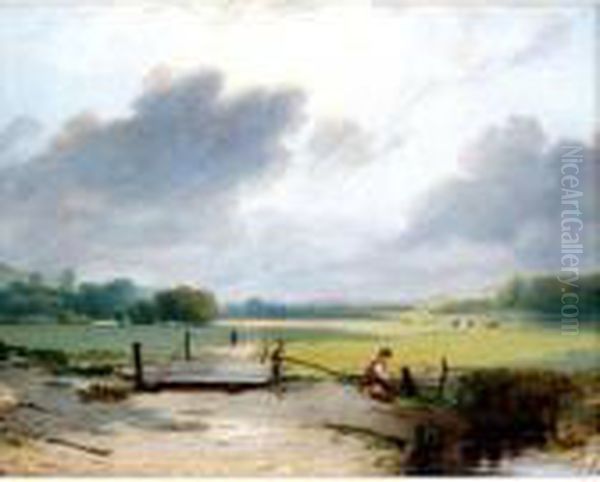 Angling In A Pond Oil Painting by Frederick Richard Lee