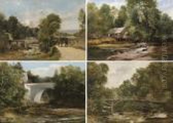 Sketch Of The New Bridge Built 
By Lord Lynedoch; Sketch Of The Saw Mills, Lynedoch; Sketch Of The Swiss
 Bridge, Lynedoch; And An Angler On A Bridge Oil Painting by Frederick Richard Lee