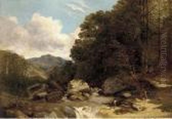 Loggers In A River Landscape Oil Painting by Frederick Richard Lee