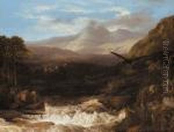 A Highland Landscape With A Golden Eagle In The Foreground And Aruined Castle Beyond Oil Painting by Frederick Richard Lee