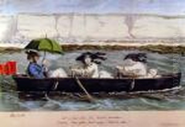 Not A Bad Idea For Warm Weather, With Ladies Rowing A Boat Oil Painting by John Leech