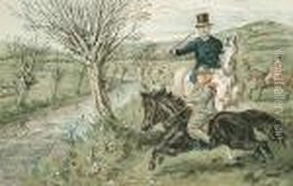 'gone Away'; 'no Consequence'; Mr Jorrocks; Ruggles And Master George At A Brook Oil Painting by John Leech