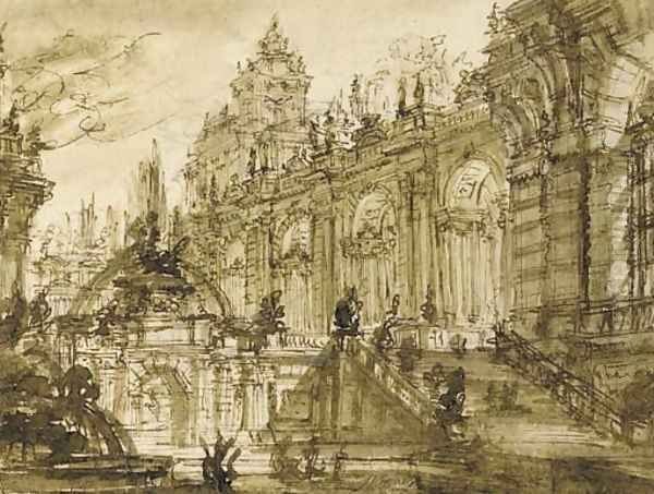 An architectural fantasy the entrance to a palace with a monumental staircase by a fountain Oil Painting by Giovanni Battista Piranesi