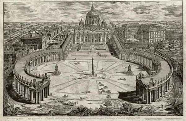 Saint Peter's with Forecourt and Colonnades A Bird's-eye View Oil Painting by Giovanni Battista Piranesi