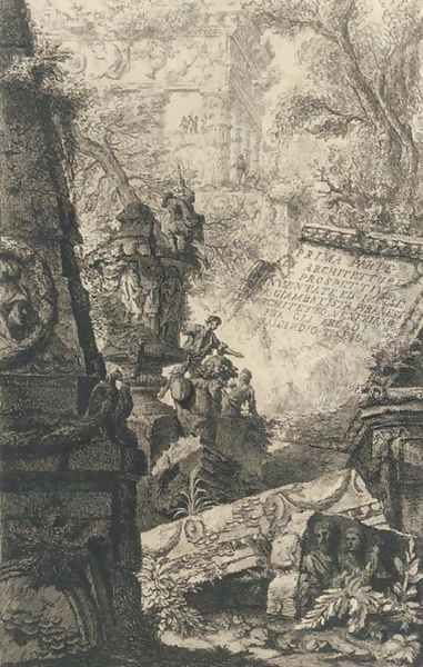 Ruins of an ancient tomb in front of ruins of an ancient aqueduct Oil Painting by Giovanni Battista Piranesi