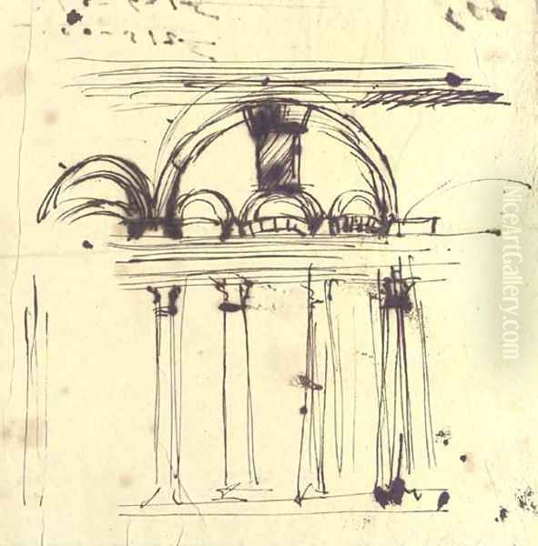 The end wall of a palatial hall with columns supporting an architrave with arches above Oil Painting by Giovanni Battista Piranesi