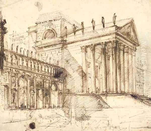 The portico and facade of an elaborate neo-classical building Oil Painting by Giovanni Battista Piranesi