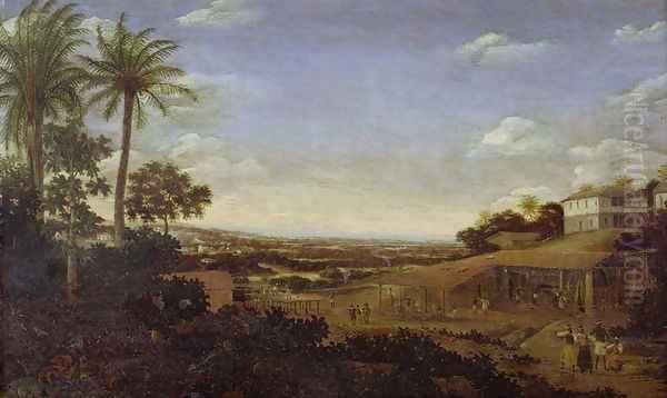 Brazilian landscape with sugar mill, armadillo and snake, River Varzea Oil Painting by Frans Jansz. Post