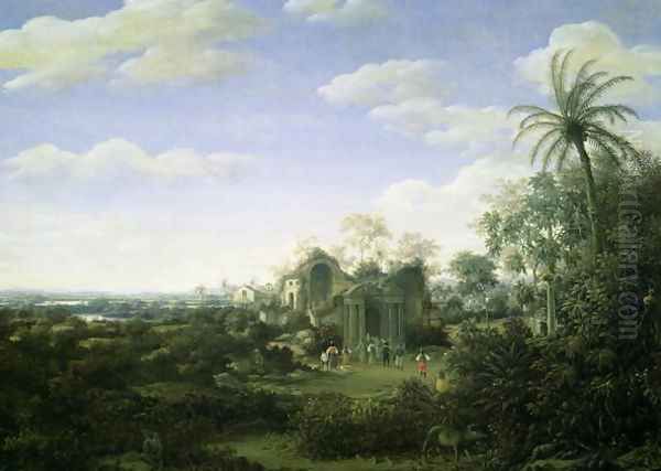 A Brazilian Landscape with a Procession Emerging from the Ruined Cathedral of the See of Olinda, Capital of the district of Perambue Oil Painting by Frans Jansz. Post