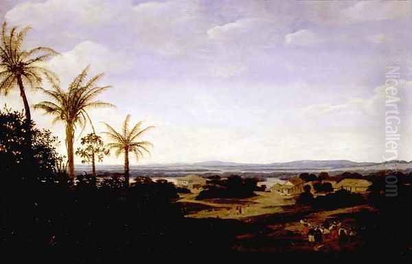 Brazilian Landscape Showing Portuguese Residence, Church, Casa Granda and River Varzea Oil Painting by Frans Jansz. Post