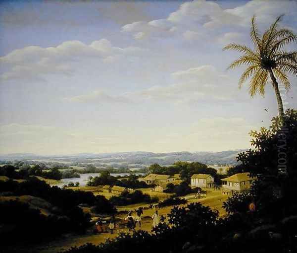 Brazilian landscape with natives on a road approaching a village, 1665 Oil Painting by Frans Jansz. Post