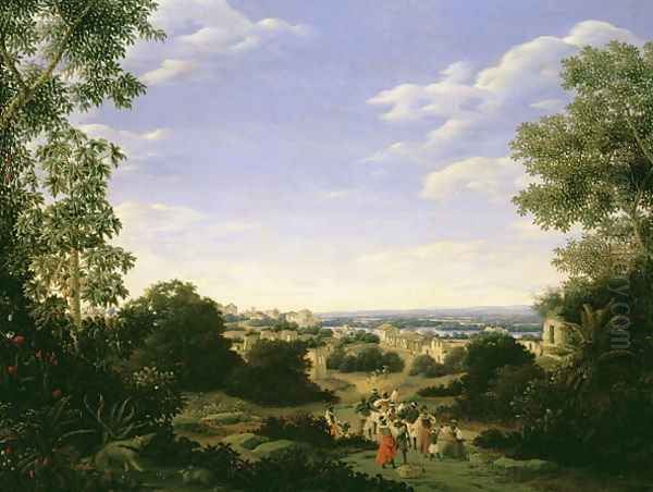 Brazilian Landscape with Native Figures Oil Painting by Frans Jansz. Post