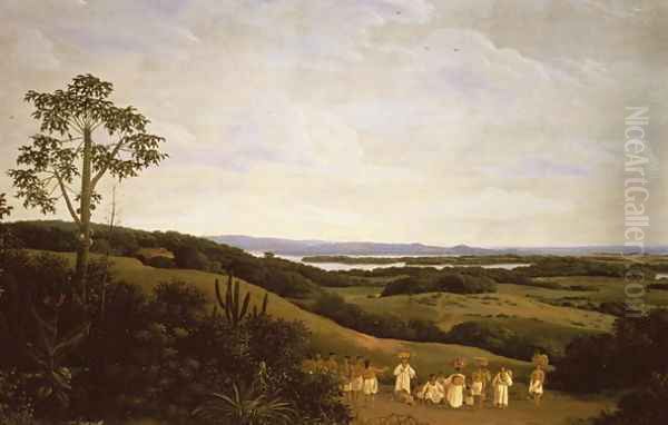 Panoramic View in Brazil with a River in the Distance Oil Painting by Frans Jansz. Post