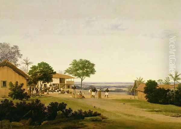 Brazilian Landscape with Buildings and Native Figures Oil Painting by Frans Jansz. Post