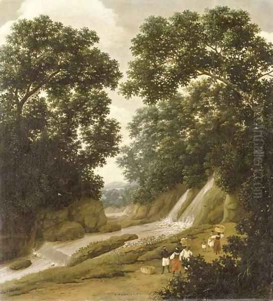 A forest with natives carrying baskets on a path by a waterfall Oil Painting by Frans Jansz. Post