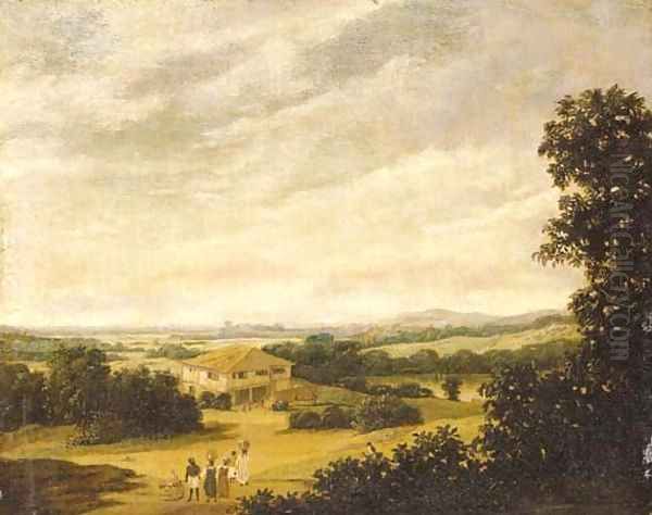 An extensive Brazilian landscape with natives carrying baskets and a farmhouse by a pool Oil Painting by Frans Jansz. Post