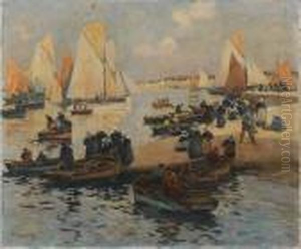 Retour De Peche Sur Les Quais De Concarneau Oil Painting by Fernand Marie Eugene Legout-Gerard