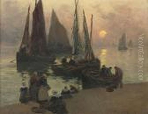 Unloading The Catch At Dusk Oil Painting by Fernand Marie Eugene Legout-Gerard