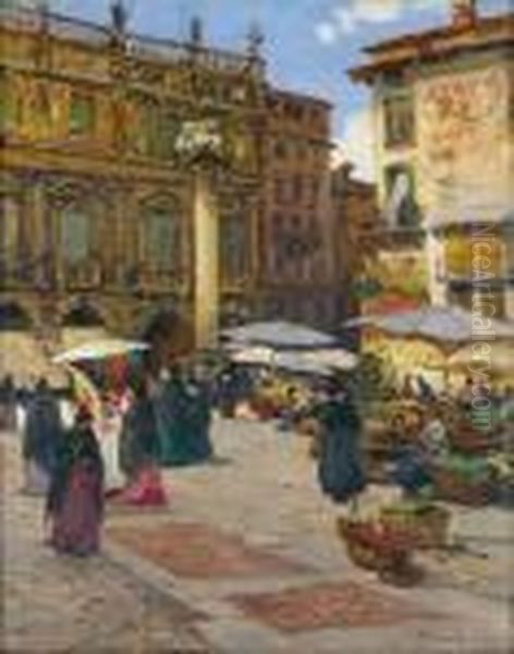 Scene De Marche Sur La Place De L'erbe, A Verone Oil Painting by Fernand Marie Eugene Legout-Gerard