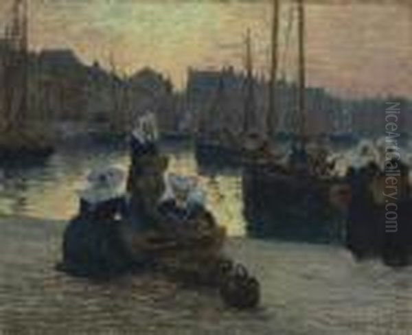 Femmes En Costumes Traditionnels
 Bretons Au Retour De La Peche Dans Le Port De Concarneau, Bretagne Oil Painting by Fernand Marie Eugene Legout-Gerard