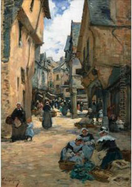 Rue Animee A Vire [ ; A Busy 
Street In Vire ; Oil On Canvas Signed And Located Lower Left F 
Legout-gerard, Vire] Oil Painting by Fernand Marie Eugene Legout-Gerard